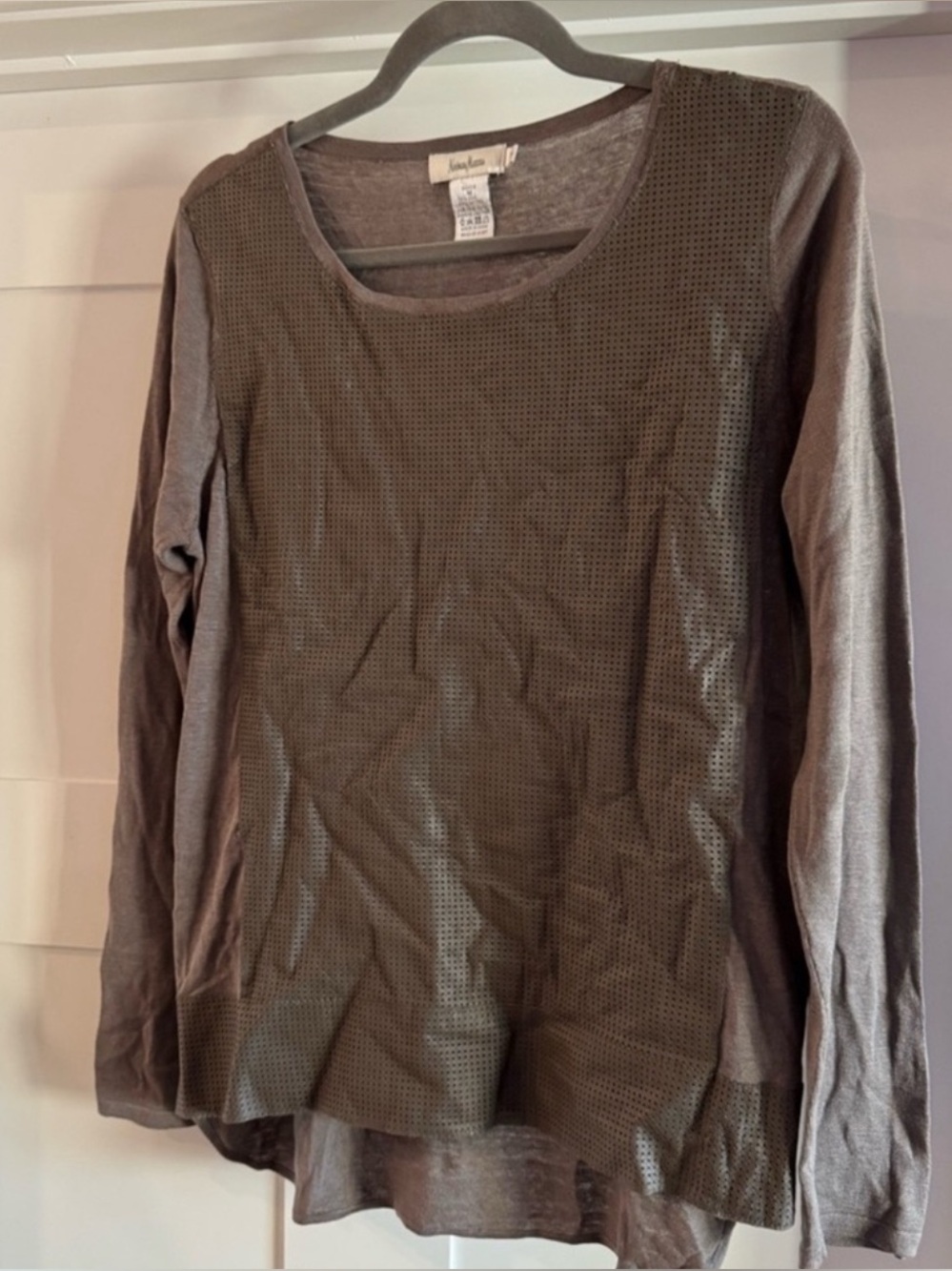 Neiman Marcus Brown Silk Blend Long Sleeve Top with Leather Trim Size M